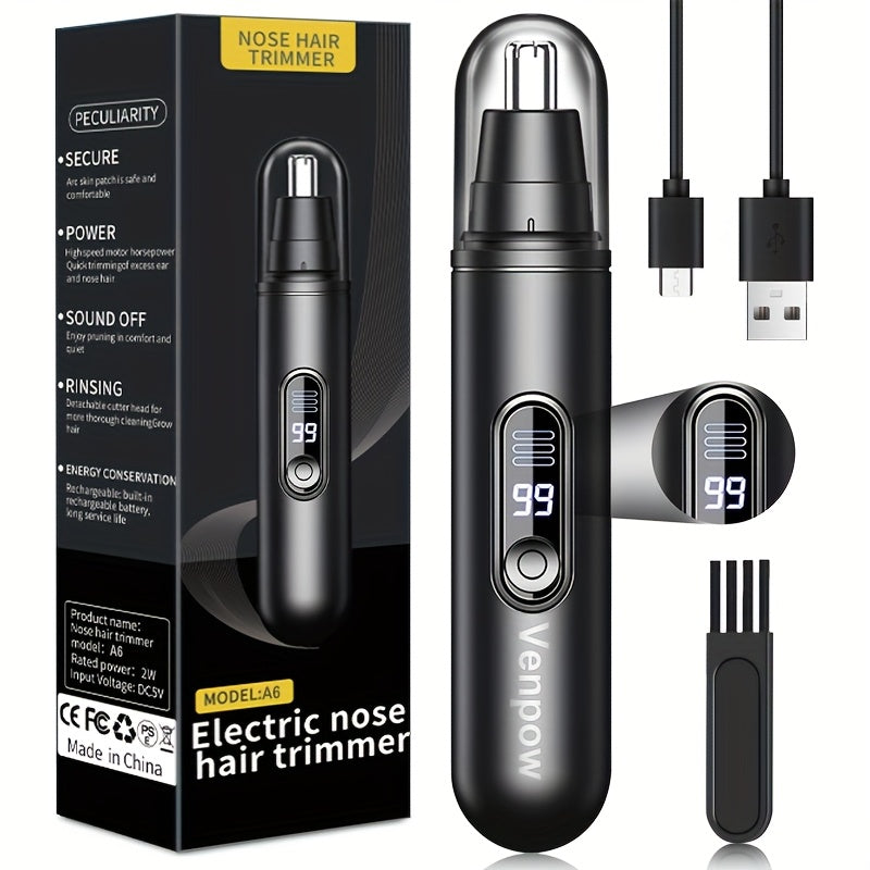 Electric Nose Hair Trimmer with Digital Display - USB Rechargeable, Precision Stainless Steel Double-Edge Blade, 360° Painless Trimming, Full-Body Water Washable, Easy to Clean, Battery-Powered Personal Care Grooming Tool for Men & Women, Nose Hair
