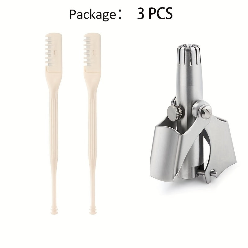 Manual Nose Hair Trimmer Set for Men and Women, Stainless Steel 12 Teeth V Blade Nasal Hair Clippers, Waterproof, Painless, Battery-Free, with Clean Brush & Travel Organizer