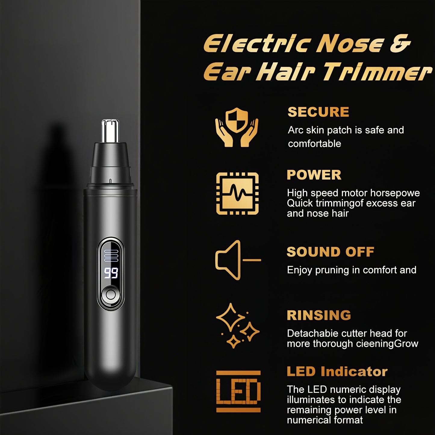 Electric Nose Hair Trimmer with Digital Display - USB Rechargeable, Precision Stainless Steel Double-Edge Blade, 360° Painless Trimming, Full-Body Water Washable, Easy to Clean, Battery-Powered Personal Care Grooming Tool for Men & Women, Nose Hair