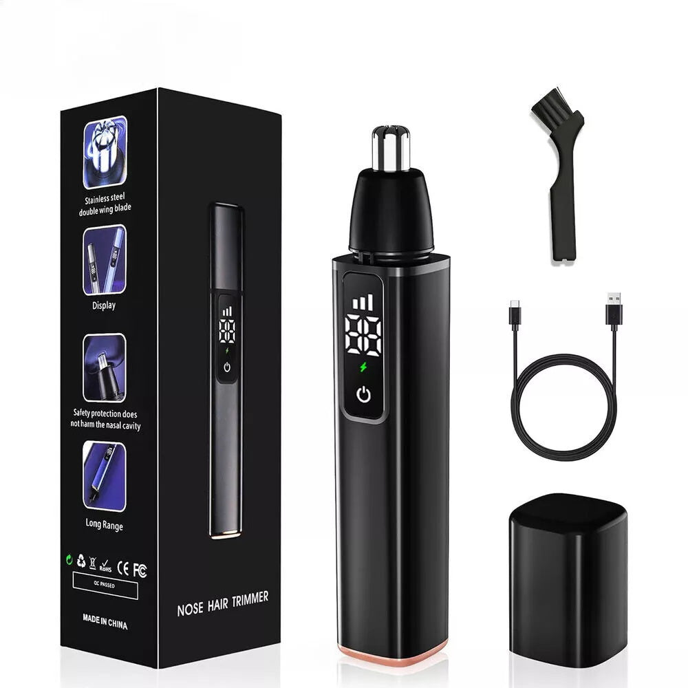 Ear and Nose Hair Trimmer with LED Display, USB Rechargeable Nose Trimmer Portable, Washable Cutter Head, Ear Trimmer, LED Display, All-metal Body,, Vacuum Cleaning, Father'S Day Gift