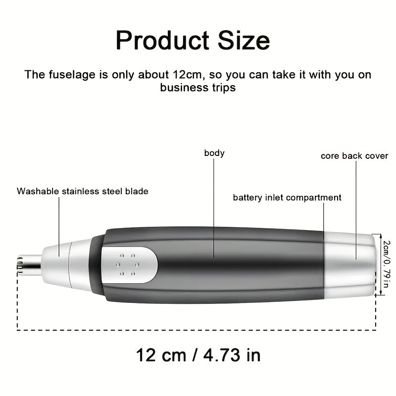 1pc Professional Nose & Ear Hair Trimmer - 360° Rotating Stainless Steel Head, Painless Electric Trimmer for Facial Hair, Eyebrows & Women's Hair - Portable Ergonomic Design, Battery-Powered (1 AA Not Included), Eyebrow Grooming Tool | Sleek Grooming Tool