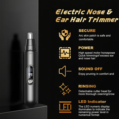 Electric Nose Hair Trimmer with Digital Display - USB Rechargeable, Precision Stainless Steel Double-Edge Blade, 360° Painless Trimming, Full-Body Water Washable, Easy to Clean, Battery-Powered Personal Care Grooming Tool for Men & Women, Nose Hair