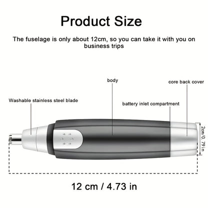 1pc Professional Nose & Ear Hair Trimmer - 360° Rotating Stainless Steel Head, Painless Electric Trimmer for Facial Hair, Eyebrows & Women's Hair - Portable Ergonomic Design, Battery-Powered (1 AA Not Included), Eyebrow Grooming Tool | Sleek Grooming Tool
